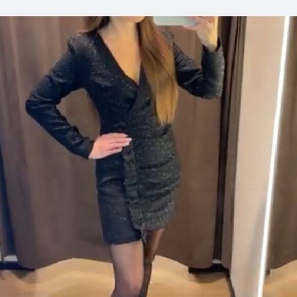 Zara Black Textured Weave Dress with Ruffle Size Small - Picture 3 of 12